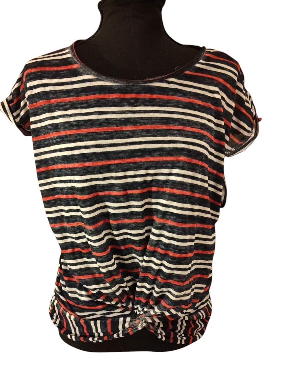 Lucky Brand Striped Knot-Front Short Sleeve Top in Black Gray, White & Red